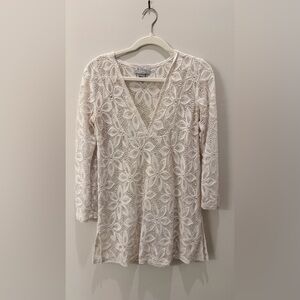 Womens J Valdi White Lace V-Neck Tunic Swim Cover Up S